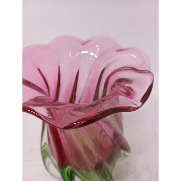 VTG Watermelon Twist Pink Green Art Glass Hand Blown Murano Style Vase 7.5" - Picture 5 of 10